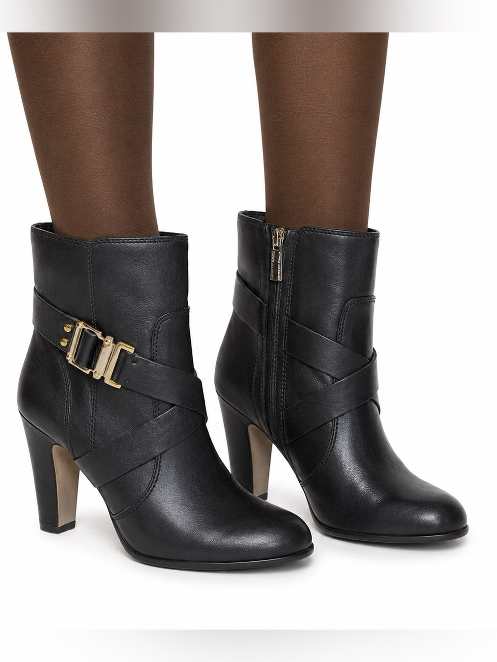 Vince Camuto Connolly Black Leather Booties Gold Buckle Ankle Boots 10 moto edgy